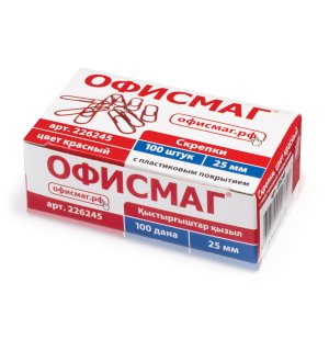 ОФИСМАГ Скрепки, 25 мм, красные, 100 штук, в картонной коробке